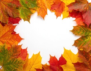 Fototapeta premium A frame of vibrant autumn maple leaves displays a striking array of yellow, green, orange and red colors against a white backdrop