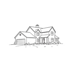 Sketch of a private house with a garage. Hand-drawn black and white line art vector illustration of a residential building. Real estate architecture concept.
