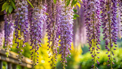 Obraz premium Beautiful cascading wisteria flowers bloom in vibrant purple hues outdoors