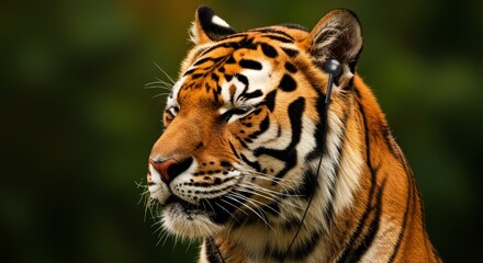 Obraz premium Photorealistic image of a majestic tiger wearing black headphones, eyes closed in a relaxed pose. The animal is set against a natural green forest background, perfect for wildlife-themed music promoti