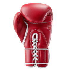 A red leather boxing glove with lace-up design, suitable for training and competition in boxing sports.