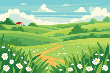 Obraz premium A picturesque landscape featuring a winding path and charming countryside home