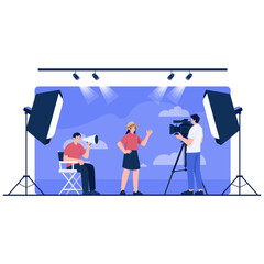 Film set with director actor and cameraman