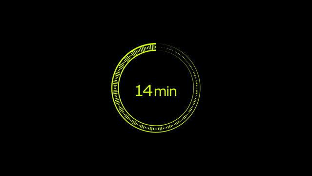 14 minute countdown clock icon illustration, a modern circle and 14 minute clock loading icon illustration. black background and creating a stunning 4k illustration.