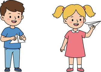 Cartoon boy and girl playing with paper planes, happy children activity, fun childhood game, creative kids illustration, outdoor playtime concept