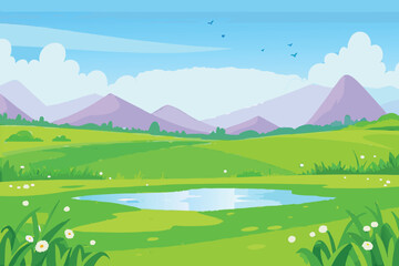 Obraz premium A peaceful cartoon landscape featuring mountains a meadow and a small pond