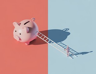 Naklejka premium A 3D-rendered piggy bank and ladder symbolize savings and financial growth.