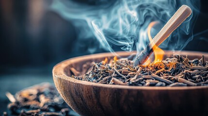 Close up of a wooden bowl filled with burning incense producing a soothing and calming aroma as the smoke rises and fills the air creating a peaceful and serene atmosphere