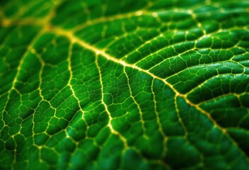 Close-up view of a vibrant green leaf, showcasing intricate vein patterns and a rich texture.