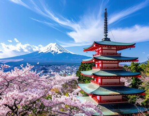 Obraz premium Classic Japan Mount Fuji in the distance, a red pagoda, and cherry blossoms under a bright blue sky streaked with wispy clouds
