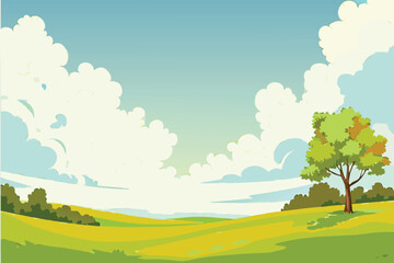A peaceful illustration of a green landscape with fluffy white clouds
