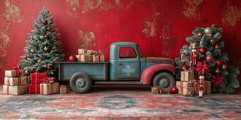 Rustic Truck Christmas Scene With Decorated Trees and Gifts