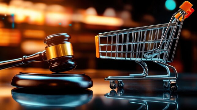 A shopping cart and a judge s gavel resting on a dark reflective surface symbolizing the intersection of commerce law and auction style transactions