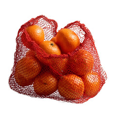 Fresh Oranges Packed In A Red Mesh Bag Isolated On Transparent Background.