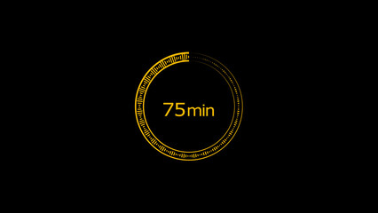 75 minute countdown clock icon illustration, a modern circle and 75 minute clock loading icon illustration. black background and creating a stunning 4k illustration.