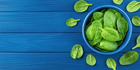 Fresh Spinach Leaves in a Blue Bowl on Wood