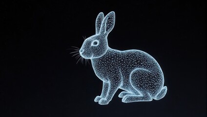 Stunning holographic wireframe rabbit model glows against a dark starry background, evoking futuristic technology and digital art