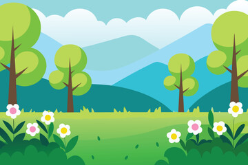 Obraz premium Minimalist landscape with green trees mountains and white flowers below