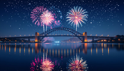 Fototapeta premium New Year’s Eve fireworks over city bridge reflecting in water 