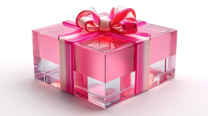 Obraz premium A beautifully wrapped present in a transparent glass box with a glossy pink exterior and a vibrant red bow and ribbon creating a sophisticated and luxurious visual display