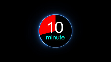 10 minute countdown clock icon illustration, a dynamic circle and 10 minute clock loading icon illustration. black background and creating a stunning 4k illustration.