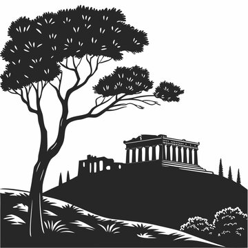 "Acropolis silhouette art Athens Greece skyline poster, Parthenon ancient temple landmark illustration, black and white minimalist travel wall decor for cultural heritage architecture lovers"