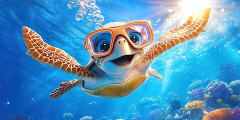Happy Turtle Wearing Goggles Swims Underwater