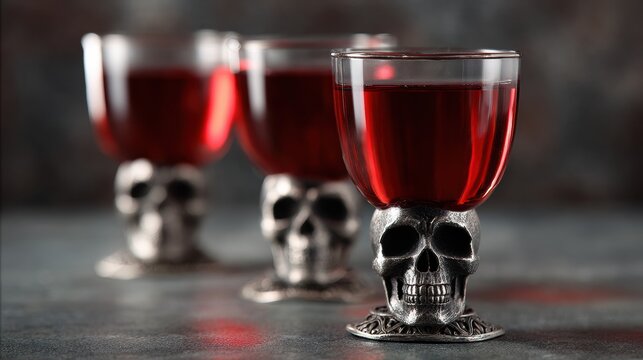 Elegant dark red wine served in glass cups with skull-shaped bases, Gothic themed decorative drinkware for Halloween, horror, or alternative style events