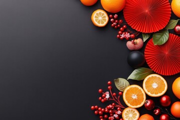 Festive Citrus Fruits Red Accents Dark Background
