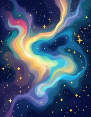 Fototapeta premium A vibrant cosmic nebula, swirling with rainbow hues and scattered golden stars, creates a captivating and colorful celestial display.