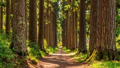 Obraz premium Sunlit path through tall evergreens