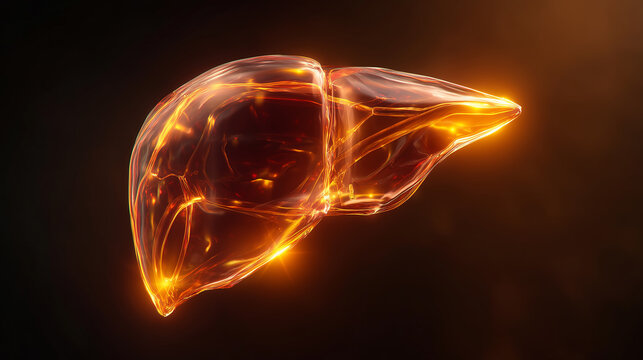 3D illustration of human liver glowing with transparent glass-like effect, medical concept of anatomy, organ health and hepatology 