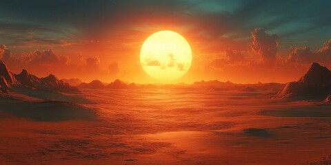Alien Desert Sunset Over Mountain Range