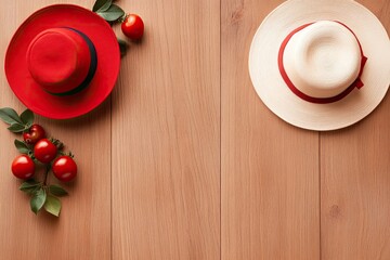 Red and Beige Hats with Tomatoes on Wooden Background