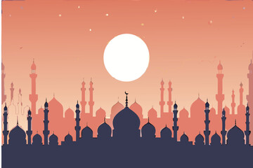 Silhouette of a city skyline with a large moon and minarets © MAYENUDDIN