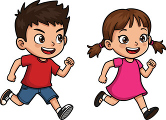 Cartoon boy and girl running together, playful children illustration, outdoor activity, fitness, sport, healthy lifestyle, fun exercise, energy, smiling kids