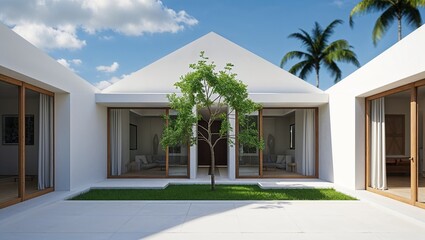 a digital architectural rendering showcasing a modern, minimalist house exterior. The layout features two white, angular structures with a central open courtyard.