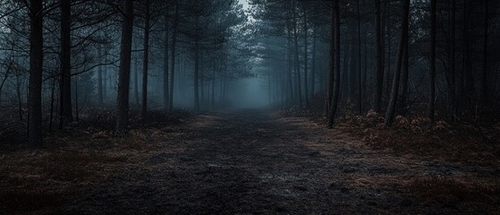 Mysterious forest path misty atmosphere dark nature photography