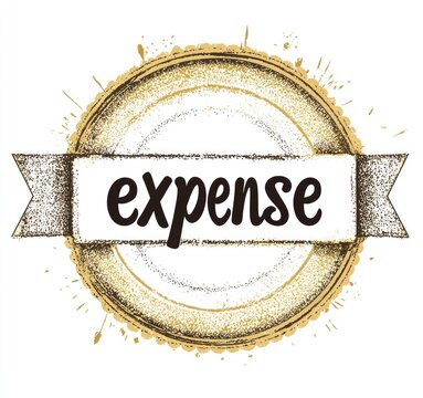 Vintage-style gold-toned circular emblem with the word "expense" displayed on a white ribbon banner