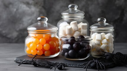 Assorted glass jars filled with colorful candies and sweets on a rustic dark surface with a textured background, showcasing a variety of confections and treats