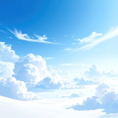 Vast, bright blue sky with fluffy white clouds clustered at the bottom, rendered in a soft, painterly style, suggesting a peaceful day