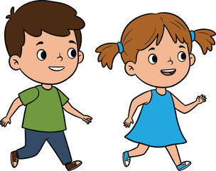 Cartoon boy and girl walking together, cute children illustration, outdoor activity, happy kids, fun lifestyle, playful friendship, casual outfit, smilingCartoon boy 