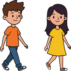 Cartoon boy and girl walking together, children illustration, cute kids characters, happy childhood, friendship, colorful vector design, smiling faces, casual clothes.