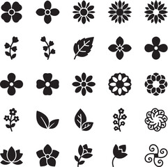 Elegant Floral Silhouette: A collection of beautifully designed, black silhouette icons showcasing a diverse array of flowers, leaves, and delicate plant life.
