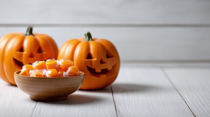 Three carved Halloween pumpkins with cheerful faces and a bowl of candy corn on a light wooden surface for festive autumn celebration or October holiday decor