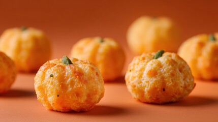 Close-up of crispy golden cheese balls with herbs arranged on a warm orange surface for snack and appetizer presentation, perfect for parties or casual gathes