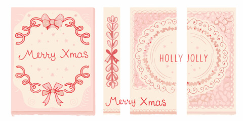 Set of four charming hand drawn christmas greeting cards with festive winter holiday designs in soft pink hues