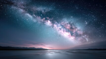 Fototapeta premium Milky Way Galaxy Over Tranquil Horizon at Dusk Dark Sky and Celestial Light Panorama with Starry Field