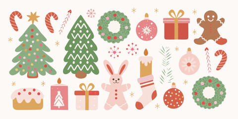Whimsical hand drawn christmas elements collection with festive decorations and treats