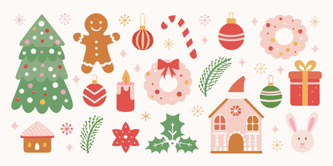 Collection of cute christmas elements including tree gingerbread man ornaments wreaths and gifts